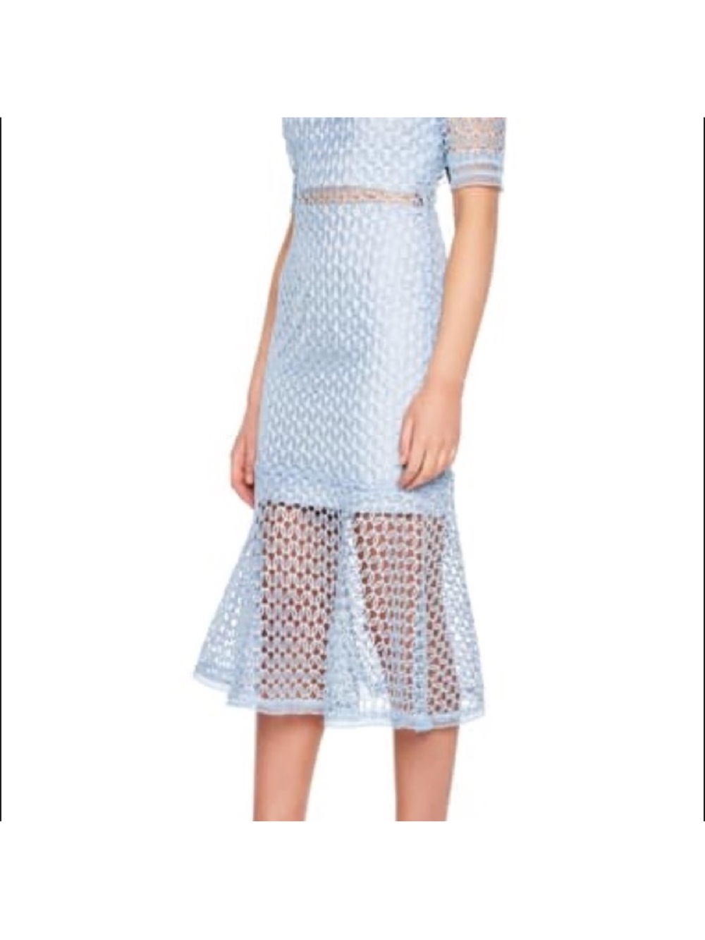 Bardot Pale Blue Lace Midi Dress with Sheer Insets